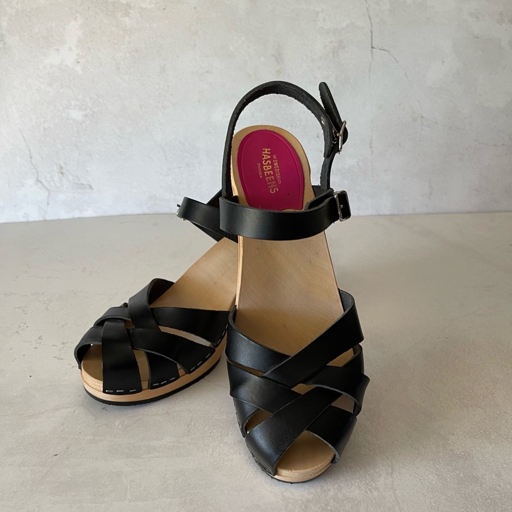 Swedish Hasbeens Black Leather Crisscross Ankle Strap Sandals